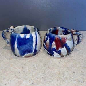 Studio Pottery Drip Glaze Cups Coffee Tea Set of 2 Handmade Artist Signed